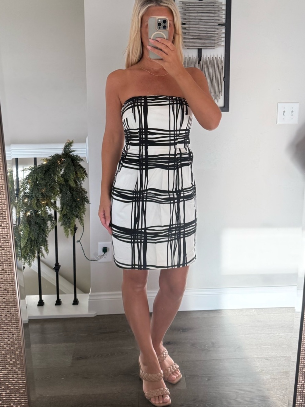Express Strapless Black and White Plaid Sheath Dress